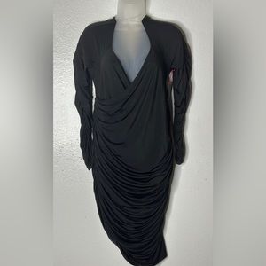 Women, Plus, Cocktail, Dress, Black, Size XL, Midi, Long sleeve, Ruched